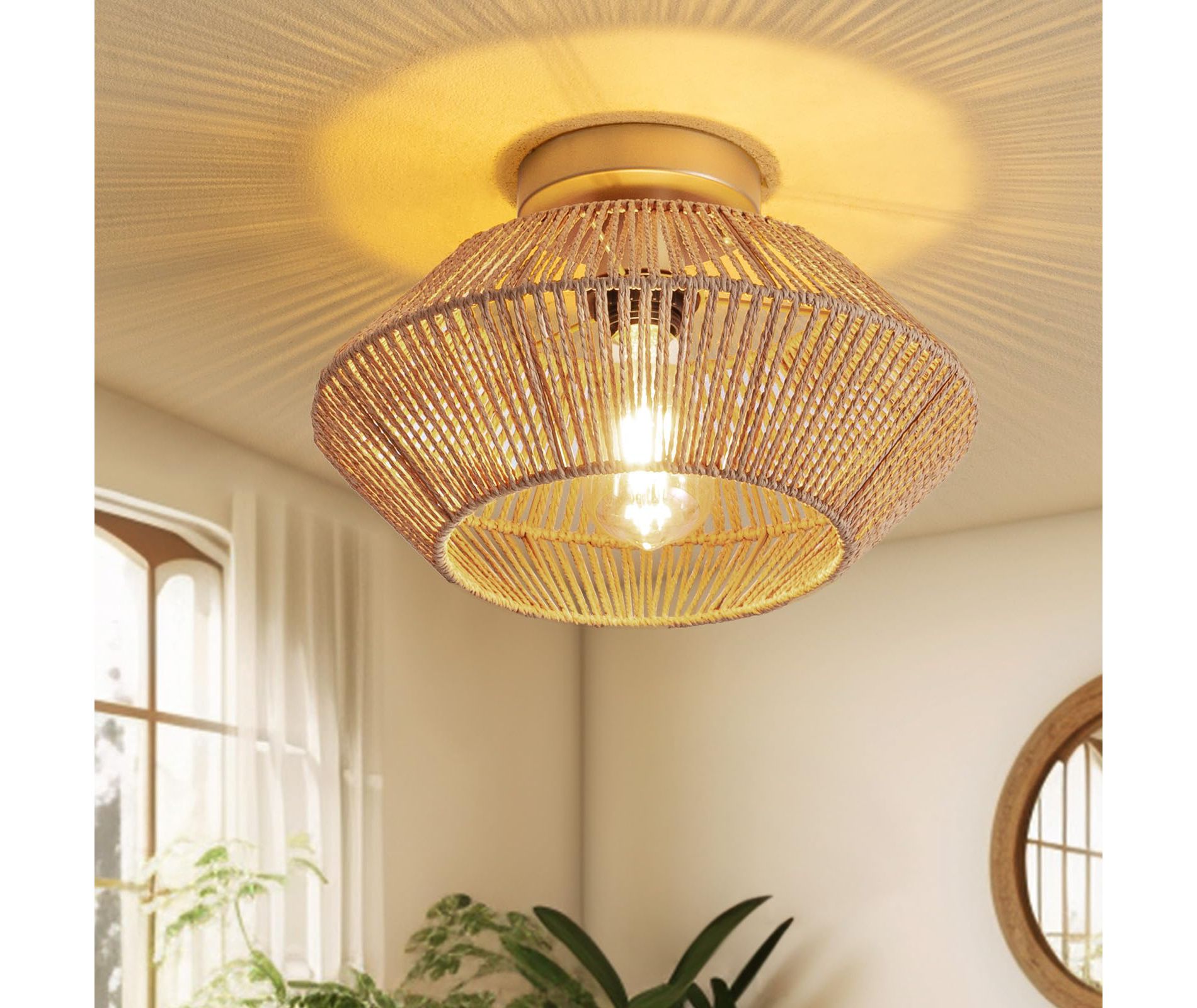 Ludomide 12" Boho Hallway Chandelier, Hand-Woven Flush Mount Boho Chandelier, Farmhouse Rattan Ceiling Light Fixture for Hallway