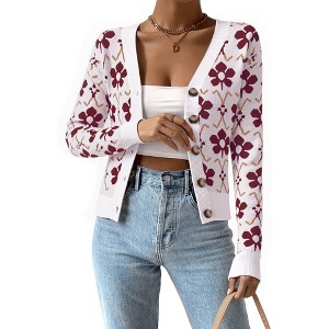 INSPIRE CHIC Women's Floral Print V Neck Button Down Long Sleeve Knit Sweater - 1 of 4
