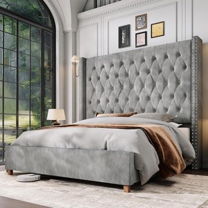 AMERLIFE Bed Frame with 61.4" Headboard,Velvet Tufted and Handmade Pleat Deep Button - 1 of 4