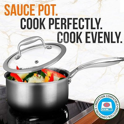 NutriChef 2 QT Stainless Steel Non-Stick Sauce Pot with Glass Lid