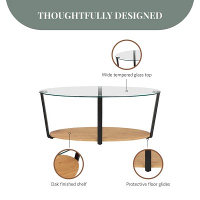 Nessa Oval Coffee Table with Glass Top and Oak Shelf