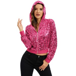 Anna-Kaci Women's Sequin Zip-Up Hooded Jacket with Ribbed Hem and Long Sleeves for Party Wear - 1 of 4