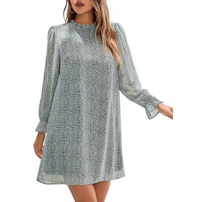 Women's Ruffle Mock Neck Long Sleeve Floral Print Mini Dress Casual Pleated Flowy Babydoll Short Dress