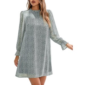 Women's Ruffle Mock Neck Long Sleeve Floral Print Mini Dress Casual Pleated Flowy Babydoll Short Dress - 1 of 4