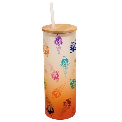 Elanze Designs Ice Cream Cone Treats Rainbow Wrap-Around Design 25 Ounce Frosted Gradient Glass On-The-Go Coffee Travel Skinny Tumbler Mug Cup, Bamboo