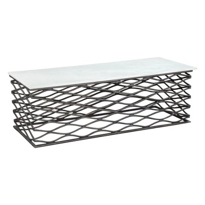 HomeRoots 50" White and Antiqued Bronze Genuine Marble and Aluminum Abstract Coffee Table