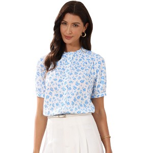 INSPIRE CHIC Women's Floral Ruffle Stand Up Neck Puff Short Sleeve Pleated Summer Causal Blouses - 1 of 4