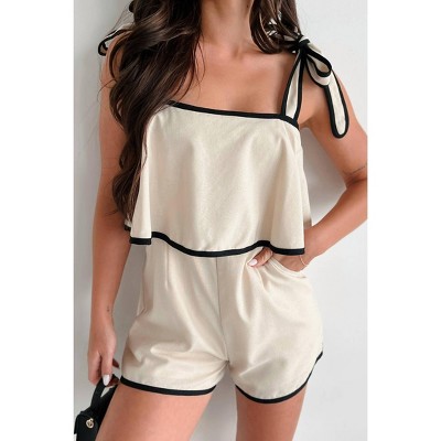 Women's Linen Contrast Binding Romper - lalavon