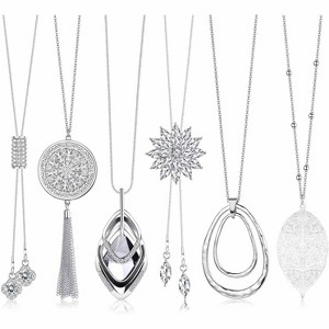 6Pcs Long Pendant Necklaces for Women Long Sweater Necklaces Silver Flower Tassel Chain Necklace for Women Y Necklace Set Fashion Jewelry - 1 of 4