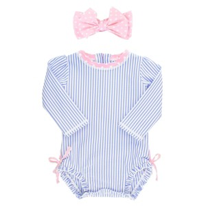 RuffleButts Periwinkle Blue Seersucker Long Sleeve Rash Guard One Piece & Bow Headband Set - 1 of 4