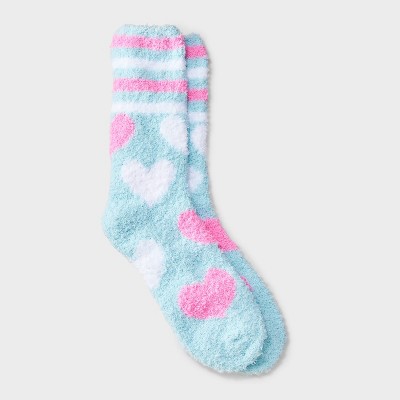 Women's Sporty Hearts Valentine's Day Cozy Crew Socks - Light Blue/White/Pink 4-10