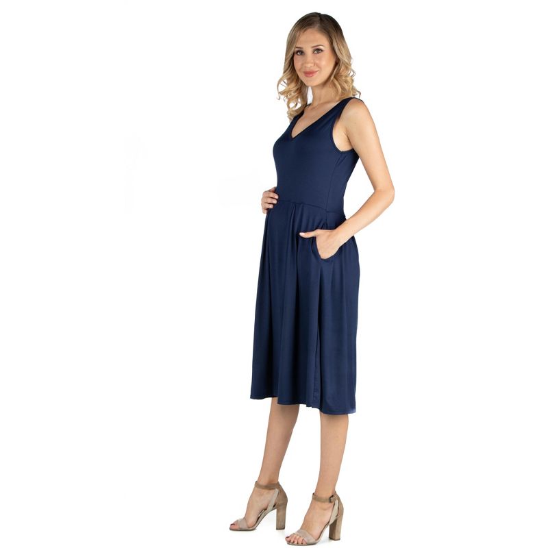 24seven Comfort Apparel Fit and Flare Sleeveless Maternity Midi Dress with Pockets, 2 of 5