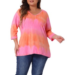 Agnes Orinda Women's Plus Size Tie Dye 3/4 Sleeve Side Slit V Neck Trendy Spring Tops - 1 of 4
