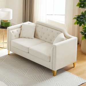 81'' Chenille Mid-Century Sofa with Pull Buckle Design, Button Tufted Armrest and Copper Nail Decoration - 1 of 4