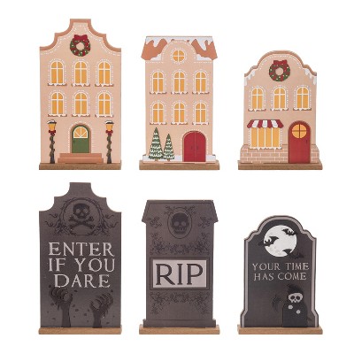 Transpac MDF Reversible House Set of 3 Decorative Objects for Halloween Multicolor Tabletop Sculptures Indoor Decor