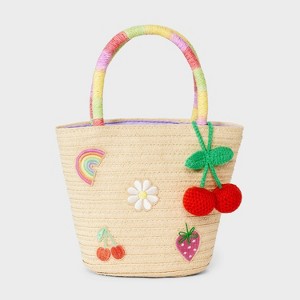Girls' Paper Straw Tote Handbag - Cat & Jack™ Off-White: Double Handle, Fruit & Rainbow Pattern - 1 of 4