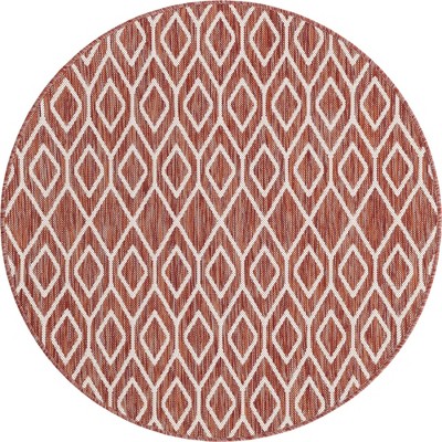 Rust Red and Ivory Round Outdoor Trellis Area Rug, 4 ft