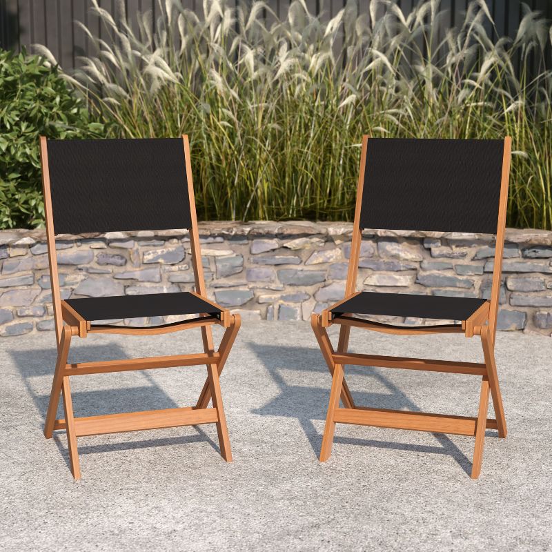 Merrick Lane Set of 2 Indoor/Outdoor Acacia Wood Folding Patio Bistro Chairs with Black Textilene Mesh Back and Seat, Natural, 3 of 13
