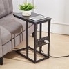 VECELO C-Shaped End Side Table with Charging Station & Power Outlets for Couch Sofa/Bed, Snack TV Tray for Living Room or Bedroom, Black/Brown/Black Marble/Gold - 2 of 4