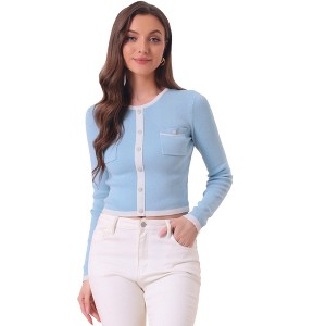 INSPIRE CHIC Women's Contrast Ribbed Knit Round Neck Button Decor Crop Sweater Shirt - 1 of 4