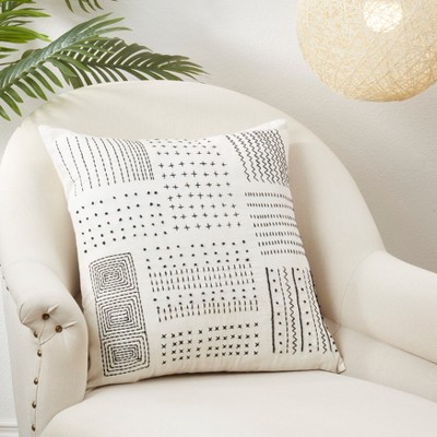White Embroidered Cotton Square Throw Pillow with Duck Feather Fill