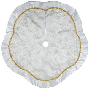 Northlight 48" White and Gold Glitter Poinsettia Scalloped Christmas Tree Skirt - 1 of 4