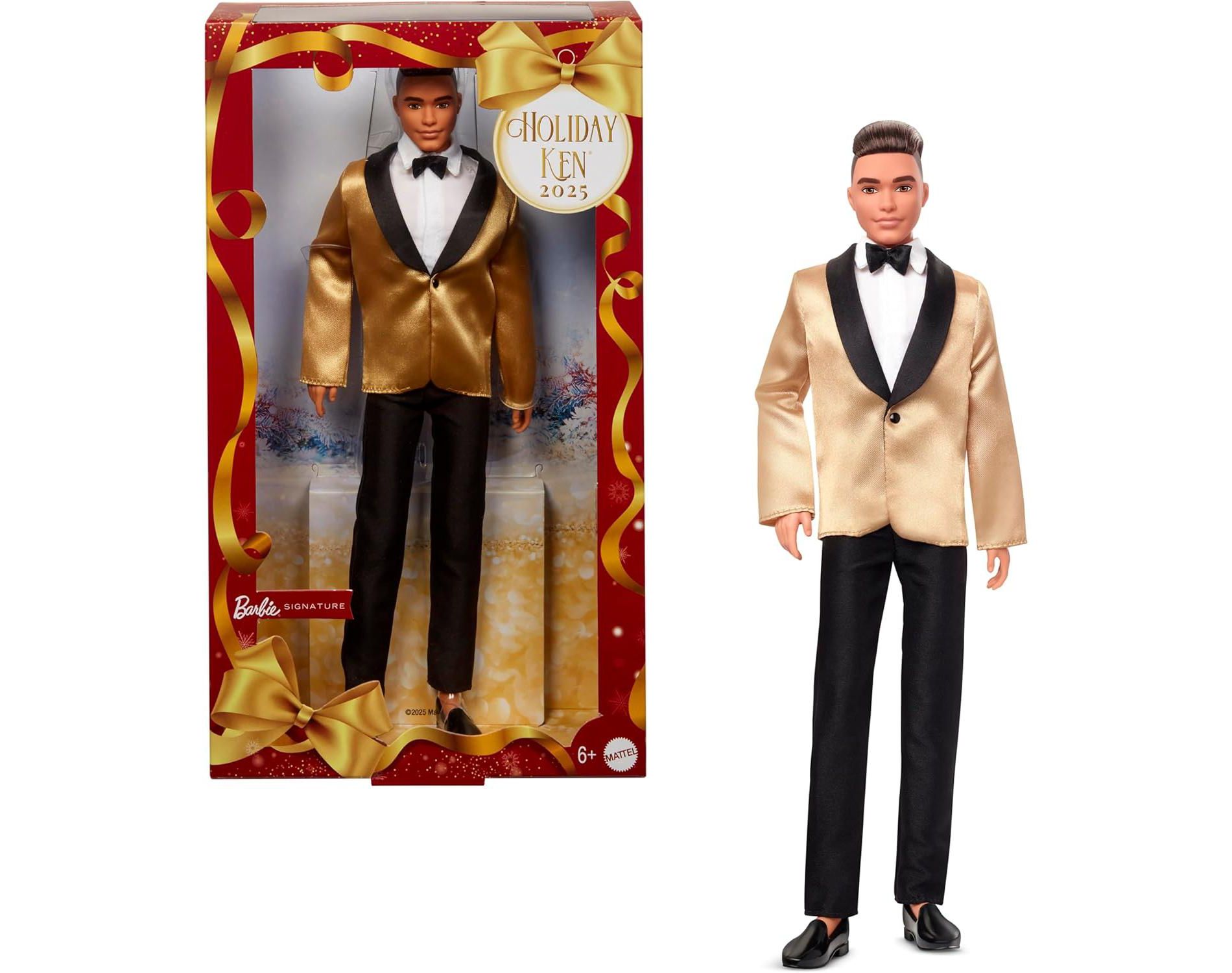 Barbie Signature 2025 Holiday Light Brown Hair Ken Collectible Fashion Doll wearing Full Suit with Golden Jacket