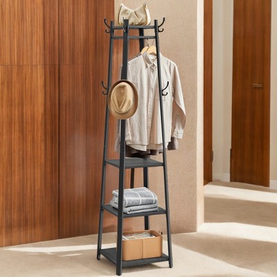Industrial Black Steel Coat Rack with Shelves and Hooks