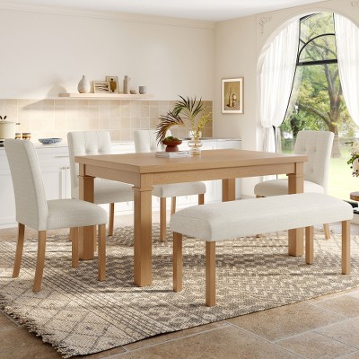 ACEPANO 6-Piece Modern Dining Set with Rectangle Kitchen Table, 4 Upholstered Chairs & Bench For Dining Room & Living Room-Natural