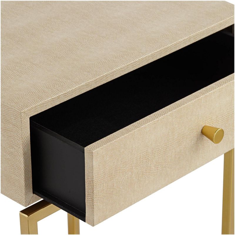 55 Downing Street Modern Gold Metal Accent Table 16" x 14" with Shelf Drawer Cream Faux Shagreen Tabletop for Living Room Bedroom, 3 of 10