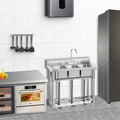 Commercial Stainless Steel Utility Sink with Three Basins and Storage Rack