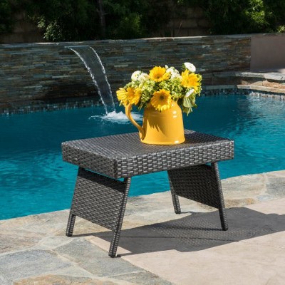 Outdoor Wicker Table, Patio Rattan Side Table, Snack Table With Iron Frame, Small Rectangle Coffee Table, Accent Table For Poolside Lawn Garden