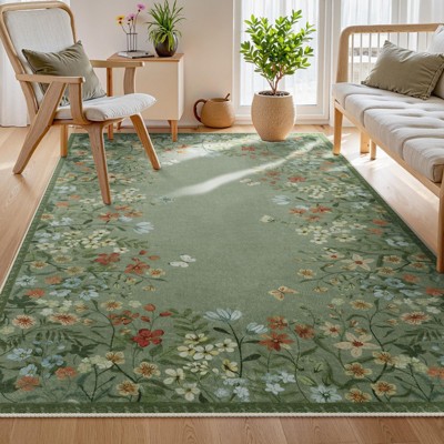 Lahome Short Velvet Geometric Floral Floor Mat-Natural Bio-Printed Soft Rug for Living Room, Bedroom, or Entryway