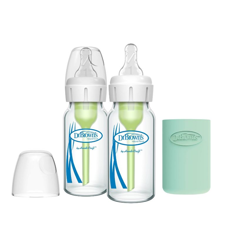 Dr. Brown&#39;s 4oz Anti-Colic Options+ Narrow Glass Baby Bottle with Level 1 Slow Flow Nipple &#38; Silicone Sleeve - 2pk, 1 of 23