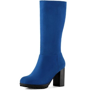 Allegra K Women's Round Toe Zipper Closure Mid-Calf Block Heel Boots - 1 of 4