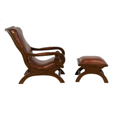 Handcrafted Brown Leather and Teak Wood Accent Chair with Ottoman