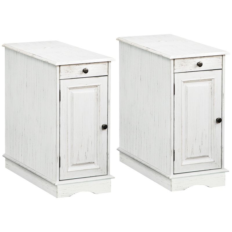 HOMCOM Side Table with Flip Top, Slim End Table with Storage Drawer and Cabinet for Living Room, Set of 2, White, 1 of 7