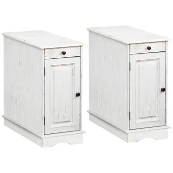 HOMCOM Side Table with Flip Top, Slim End Table with Storage Drawer and Cabinet for Living Room, Set of 2, White