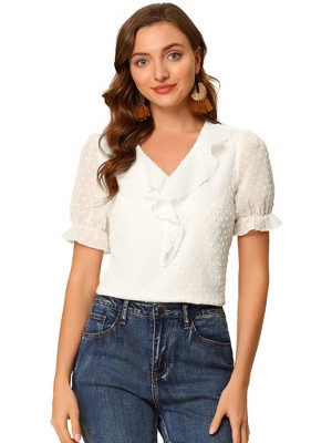 Allegra K Women's Elegant Ruffle V Neck Short Sleeve Swiss Dots Chiffon Blouse