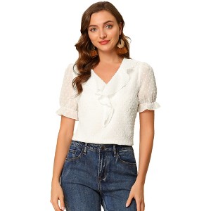 Allegra K Women's Elegant Ruffle V Neck Short Sleeve Swiss Dots Chiffon Blouse - 1 of 4