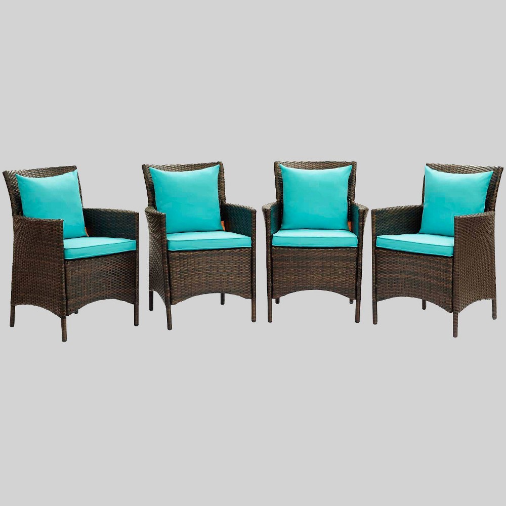 4pc Conduit Outdoor Patio Wicker Rattan Dining Armchair Brown/Turquoise - Modway