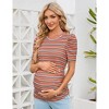 Women's Maternity Shirts Pregnancy Casual Floral Printed Tops Puff Short Sleeve Striped Ruched Side Tunic Top - 3 of 4