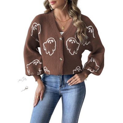Women's Halloween Jacquard Knit Cardigan Lantern Sleeve Button Open Front Sweater