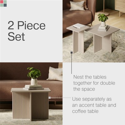 Square Fluted Nesting Coffee Table Set with Criss Cross Base, Light Brown Wood