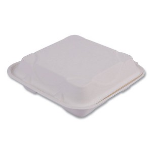 Eco-Products Bagasse Hinged Clamshell Containers, 3-Compartment, 9 x 9 x 3, White, Sugarcane, 50/Pack, 4 Packs/Carton - 1 of 4