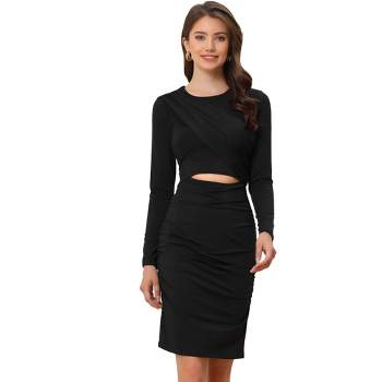 Allegra K Women's Long Sleeve Crewneck Cut Out Ruched Fitted Party  Bodycon Dress