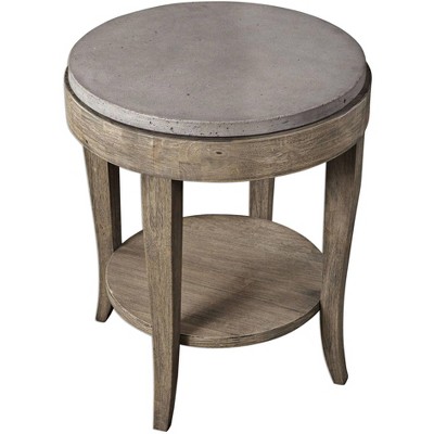 Deka Round Gray Concrete and Birch Wood Accent Table