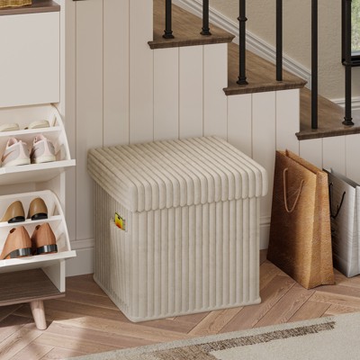 Pinmoco 15" Collapsible Storage Ottoman, Corduroy Cube Organizer Makeup Stool Foot Rest with Side Pocket for Living Room, Bedroom
