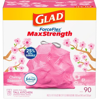 Glad ForceFlex MaxStrength Tall Kitchen Drawstring Pink Trash Bags - Cherry Blossom - 13gal/90ct