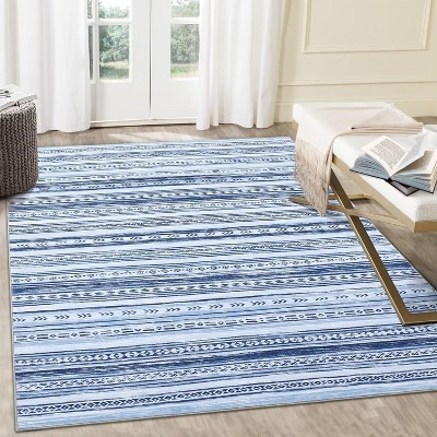Acekool Washable Boho Area Rug, Soft Low Pile, Foldable, Stain Resistant, Non Slip TPR Back, Grey Blue Natural, Multiple Sizes